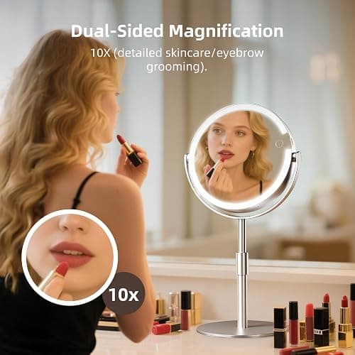 FRANO Vanity Mirror with Lights, 8" Dual-Sided Makeup Mirror with Magnification 1X/10X, 3 Color & Stepless Dimming, Rechargeable, 360° Rotation & Height Adjustable, Gifts for Women thumbnail 2