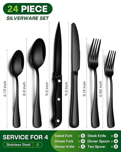 PHILIPALA 24-Piece Black Silverware Set with Steak Knives Food-Grade Stainless Steel Flatware Set for 4 Mirror Cutlery Include Spoon Fork Knife Set Dishwasher Safe Utensil Sets for Home Restaurant thumbnail 3
