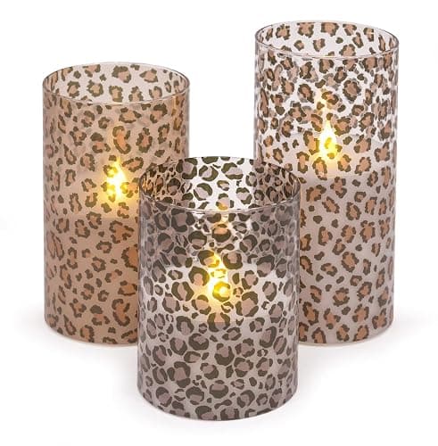 Mark Feldstein & Associates Wild Leopard Animal Print Flameless LED Glass Pillar Candles, Set of 3, 6 Inch - Image 1