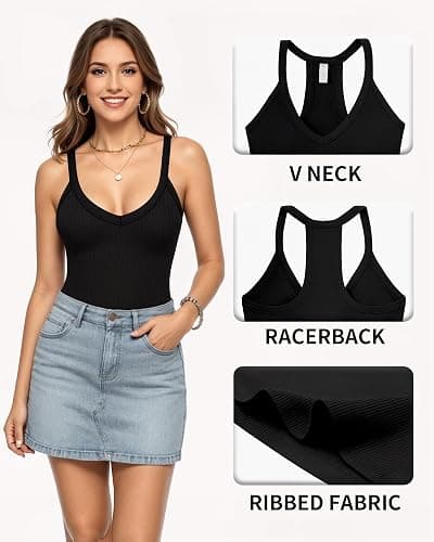 MANGOPOP Women's V Neck Tank Top Bodysuits Racerback Slim Fit Sleeveless Body suit Sexy Spaghetti Strap Ribbed Tops thumbnail 5