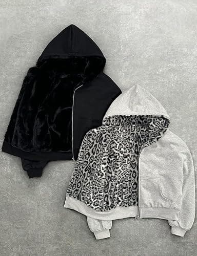 GOTHPICKUS Y2K Womens Faux Fur Leopard Print Hoodies Zip Up Fleece Warm Jacket Fluffy Baggy Vintage Trendy Streetwear thumbnail 2