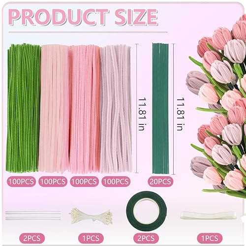 400 Pcs Pipe Cleaners Craft,4 Assorted Colors Pipe Cleaners Bulk, Chenille Stems for DIY Flower Making Kit with Floral Wires, Gardening Tape,Stamen& Ribbon (Pink) thumbnail 2