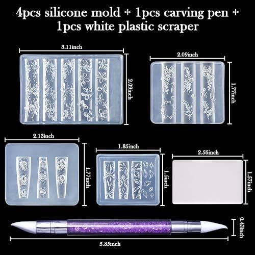 Laza 4pcs 3D Silicone Nail Art Molds Multiple Flower Shapes Nail Molds | Reusable Nail Molds for Nail Art, Good Elasticity, Acrylic 3D Spring Summer Flower Nail Charms Molds with Scraper & Pen thumbnail 3