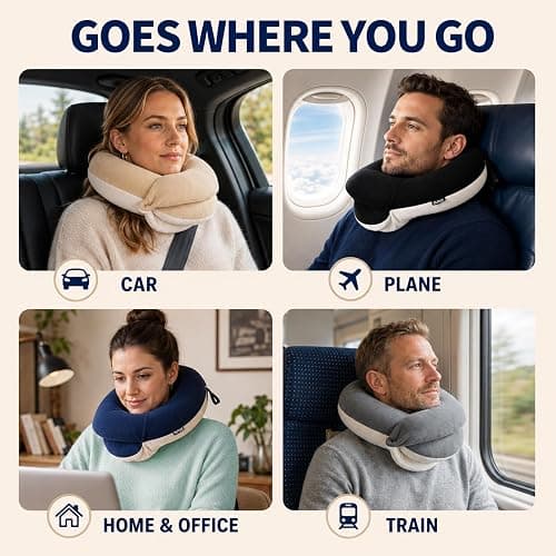 BUYUE Travel Neck Pillows for Airplanes, Memory Foam 360° Head Support Sleep for Long Flight, Skin-Friendly & Breathable, Kit with Eye Mask, Earplugs and Storage Bag (Adult, Grey, 90+ lbs) thumbnail 6