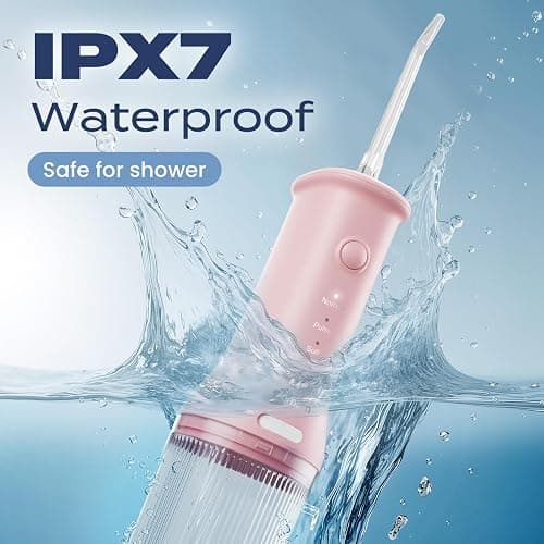 7AM2M Portable Cordless Water Flosser, Oral Irrigator with 3 Modes & 2 Tips, Fast Rechargeable, IPX7 Waterproof, Dental Water Flosser for Travel and Home Use (Pink) thumbnail 5