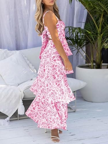 Wenrine Womens Summer Floral Maxi Dresses Sleeveless Spaghetti Strap Tie Back Ruffle Tiered Flowy Dresses thumbnail 6