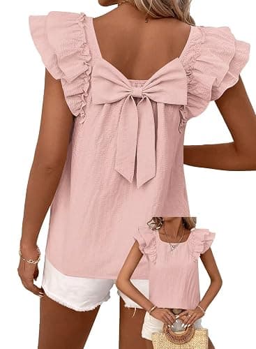 Falechay Womens Bow Tie Back Tops Round Neck Ruffle Short Sleeve Shirts Cute Babydoll Chiffon Tee Women Summer Trendy Tunic - Image 1