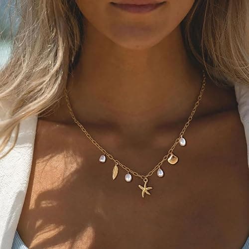 Rumgey Charm Necklace for Women - Dainty Paperclip Beach Charm Necklace Cute Shell Necklace Moon Star Accessory Beach Cross Hexagram Pendant Preppy Stuff Summer Jewelry for Women thumbnail 4