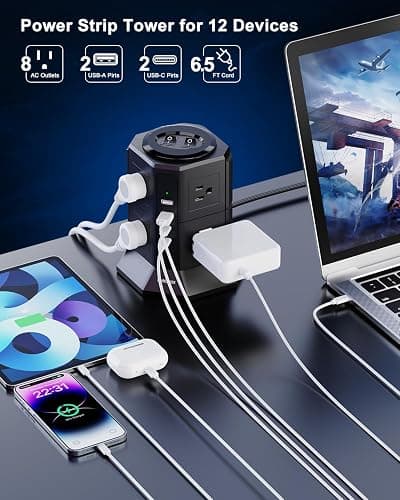 Surge Protector Power Strip Tower with 8 AC Outlets 4 USB Ports(2 Type C), 6.5 FT Ultra Flat Extension Cord, Flat Plug Power Strips Tower with Surge Protection for Home, Office, Dorm thumbnail 2