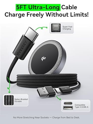 THREEKEY Qi2 MagSafe Charger, Magnetic Charger for iPhone 17/16/15/14/13/12 Series & Galaxy S25 Ultra, Qi2 Wireless Charger Dual-Sided Magnets, 15W Fast Charging Pad with 5FT USB-C Cable (Black) thumbnail 4