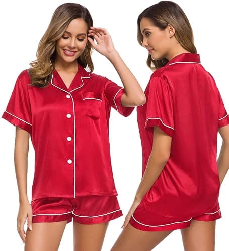 SWOMOG Womens Silk Satin Pajamas Set Short Sleeve Sleepwear Button Down Top and Shorts Loungewear 2 Piece Pjs Set XS-3XL - Image 1