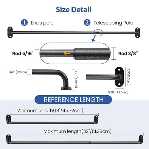 2 Pack French Door Curtain Rod, Sash Curtain Rod Adjustable 18-32in, Black | 3/8in Wrap Around Metal Cafe Curtain Rod Mount With Screws, Supports Up To 20 lb for French Doors, Windows and Sidelights thumbnail 4