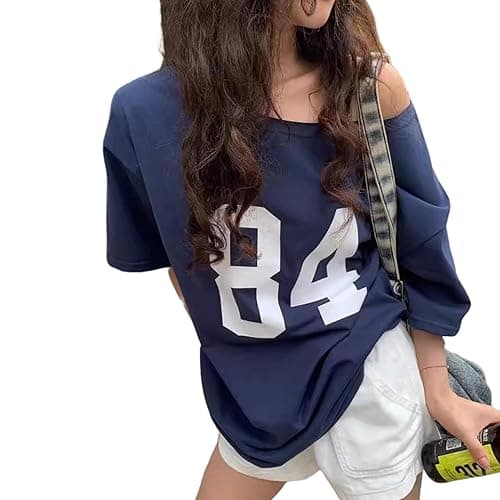 One Shoulder Oversized Tshirts Short Sleeve Y2k Baby Tees Summer Crop Top Jersey Off Shouder Graphic Tee Women - One Size - Blue