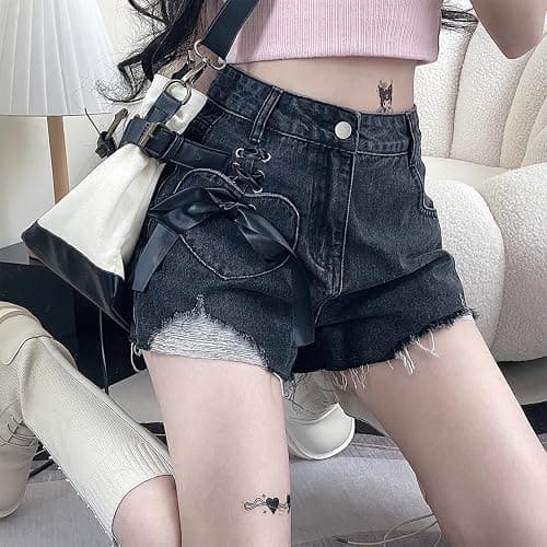 RILGOU Women Y2K Harajuku Style Kawaii Pastel Goth Fashion Casual A-Line Vintage Ribbon Ripped Trim Jeans Shorts thumbnail 5