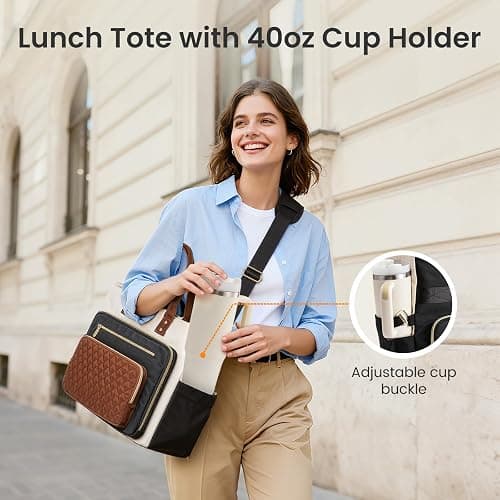 LOVEVOOK Insulated Lunch Bag, Large Capacity Tote with Lunch Compartment, Laptop Bag with Cup Holder, Work Bags for Women, Nurse Lunch Tote for Office, Picnic, 15.6 Inch Black-Beige-Brown thumbnail 3