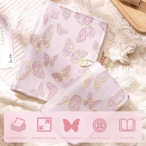 WREWING A6 Binder Embroidered Flower Journal, Rope-Tied Button Binding Notebook, Refillable 6 Ring Binder, 180 Pages Paper, Personal Planner Binders for Daily & Study Arrange (Pink-Butterfly-A6) thumbnail 4