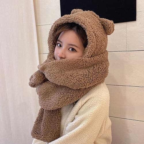 Women Kawaii Bear Ear Beanie Hat Scarf 2 in 1 - Cute Winter Warm Sherpa Thicken Fleece Fuzzy Japanese Fluffy Knit Hat Cap thumbnail 3