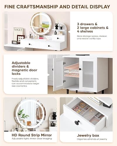 LIVELYGLOW Vanity Desk with Round LED Mirror, Modern Makeup Vanity with Power Outlet, LED Touch Screen 3 Lighting Modes, Adjustable Brightness, Acrylic Cabinet & 3 Drawers- White thumbnail 5