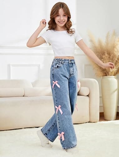 Feuoive Girls Baggy Jeans Wide Straight Leg Elastic High Waisted Denim Pants Fashion Y2k Boyfriend Skater Streetwear 7-14Y thumbnail 3