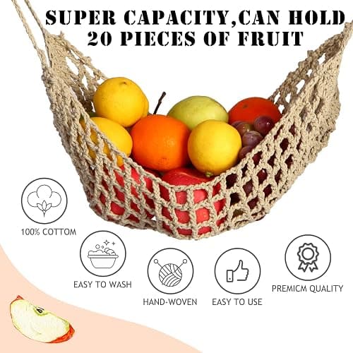 Fruit Hammock for Kitchen Under Cabinet,Large Macrame Fruit Hammock for Kitchen Décor,Storage That Saves Counter For More Counter Space at Home, Boat, or Rv,with 4 Hooks.(nature) thumbnail 6