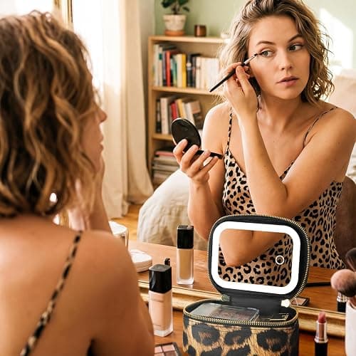 Mini Makeup Bag with Led Mirror, Small Travel Make up Bag 3 Light Modes Adjustable Brightness, for Women Organizer Cosmetic Bag, Portable Travel Train Toiletry Bag, for Pool Parties Work Touch-Ups thumbnail 2