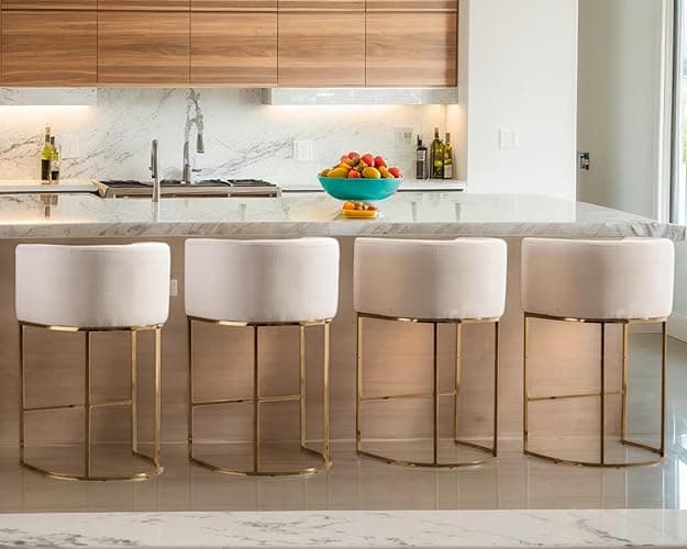 RIVOVA Contemporary Cream Linen Bar Stools Set of 4, 29" Upholstered Fabric Counter Height Barstools Kitchen Counter Island Stools with Screwed Together Golden Metal Base - 4 - 29" Cream Gold Legs