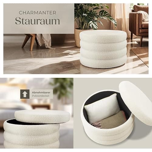 tectake® Hocker mit Stauraum, XL Scandi Sitzhocker Bouclé Teddy Stoff, Pouf, Polsterhocker rund für Schminktisch, Wohnzimmer Möbel, als Flur Möbel, Stauhocker Wohnen, Ø 67 x 42 cm - Bouclé Creme-weiß thumbnail 6