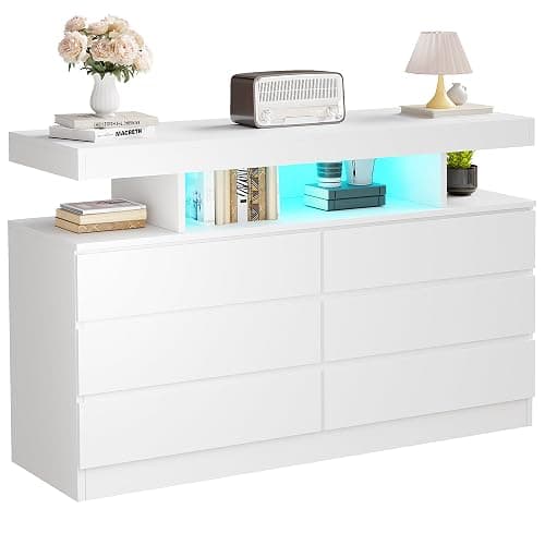 BEWISHOME White Dresser for Bedroom with Charging Station and LED Lights, Wood 6 Drawer Dresser TV Stand with Open Space, Modern Wide Dressers Chest of Drawers for Closet, Living Room, White KCG02W thumbnail 9