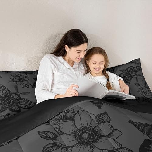 Feelyou Death Moth Comforter Set Full Size Kids Skull Decor Duvet Quilt for Boys Girls Teens Gothic Goth Skull Halloween Boho Moth Floral Black Grey Bedding Set Soft Lightweight Room Decor 3Pcs thumbnail 4