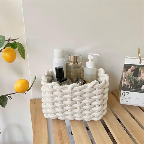 2er Set Aufbewahrungskorb Geflochten Baumwolle Strickkorb, Korb Aufbewahrung Klein Körbchen Wickeltisch Organizer, Dekorative Quadratische Speicher Regalkörbe Für Schminke Socken Spielzeug (Weiß) thumbnail 5