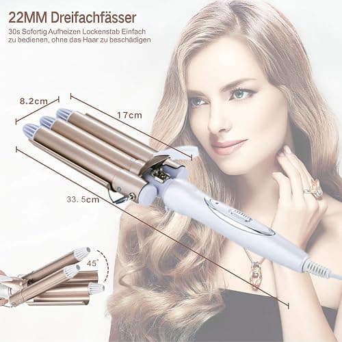 TOP4EVER Welleneisen für Haare, 22 mm 3-Fässer-Lockenstab für Beach Waves | Keramikbeschichtung, 28 s Aufheizzeit, 2 Temperaturstufen mit 170/220 °C, für große Wellen sowie lange und kurze Haare thumbnail 3