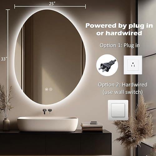 Yoding LED Bathroom Mirror with Lights 25x33, Stepless Dimmable Irregular LED Mirror with 3 Colors, Anti-Fog, Memory, Al-Alloy Lampshade, Frameless Makeup Mirror for Bathroom (Horizontal/Vertical) thumbnail 2
