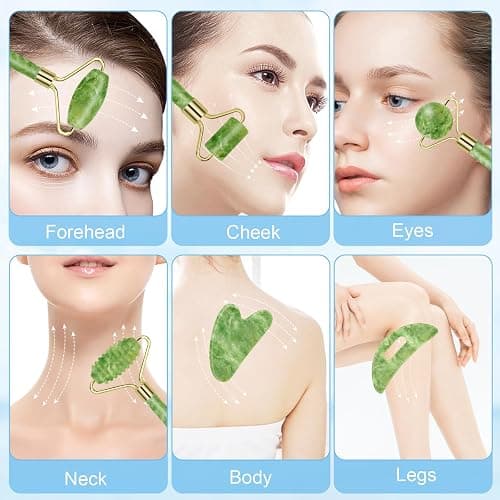Sbnnfikeb 5Pcs Jade Roller & Gua Sha Facial Tool Set, Natural XiuYan Stone Face Roller and Gua Sha Board Kit, Portable Manual Skincare Massage Tools for Full Body Relax, Self-Care Gift for Women thumbnail 2