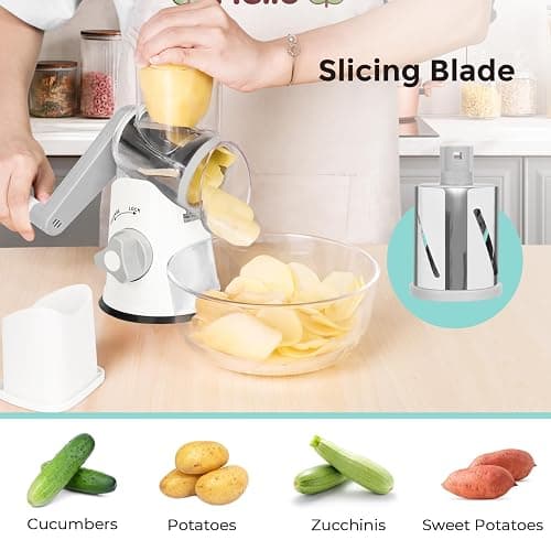 X Home Rotary Cheese Grater for Kitchen, Shredder with 3 Interchangeable Blades, Rotary Grater with Handle and Strong Suction Base, for Vegetables, Fruit, Nuts, Easy to Use and Clean, White thumbnail 3