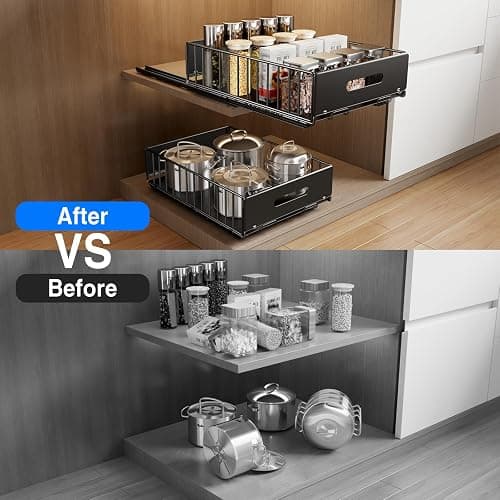 Mustorn 2 Pack Pull Out Cabinet Organizer, Slide Out Drawers for Cabinets, Peel and Stick, Heavy Duty Shelves for Kitchen, Cupboard, Pantry, Bathroom (16.5"D*11.8"W*3.94"H-Black) thumbnail 6