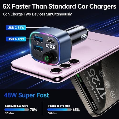 Syncwire Bluetooth 5.4 FM Transmitter Car Adapter 48W(PD 36W & 12W) [Light Switch] [Hi-Fi Deep Bass] [Fast Charging] Wireless Radio Music Adapter LED Display Hands-Free Calling Support USB Drive thumbnail 3