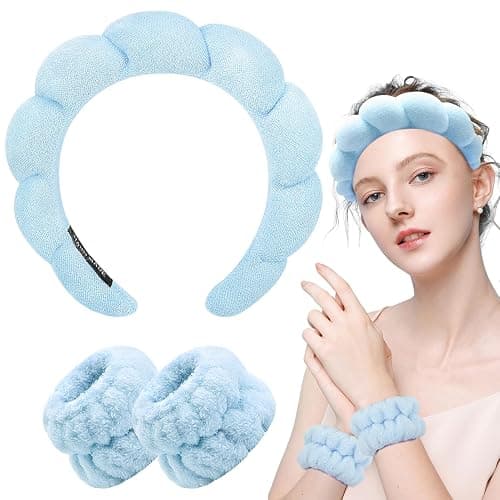 Zkptops Spa Headband for Washing Face Wristband Set Sponge Makeup Skincare Headband Terry Cloth Bubble Soft Get Ready Hairband for Women Girl Puffy Padded Headwear Non Slip Thick Hair Accessory(Blue) thumbnail 8