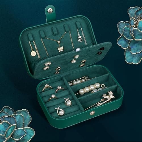 Hatori Travel Jewelry Box, PU Leather Small Jewelry Organizer for Women Girls, Double Layer Portable Mini Travel Case Display Storage Holder Boxes for Stud Earrings, Rings (Ink Green) thumbnail 2
