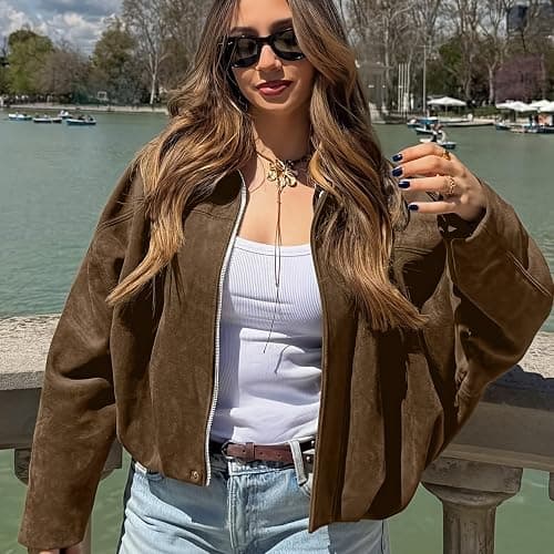kipfall Womens Faux Suede Jackets Fall Fashion Outfits Coat Winter Clothes Open Front Cropped Jacket thumbnail 5
