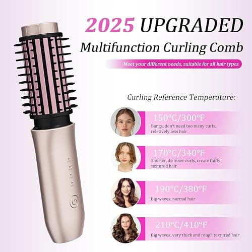 Cordless Hair Curling Iron Brush, Travel Curl Brush, 3-in-1 Portable Curling Iron Cordless, Plasma Thermal Hair Brush, 7000mAh USB Rechargeable Curlings Wand, Mini Hot Curlings Brush-Blush Pink thumbnail 3