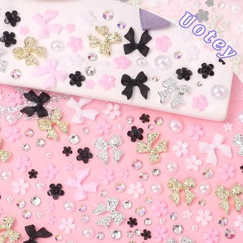 3D Bow Nail Charms and Gems, Pink Black Bows Flower Nail Art Charms Alloy Bows for Nails, Mixed Nail Gems Rhinestones Bowknots Caviar Beads Charms for Nails DIY Nail Art Accessories thumbnail 2