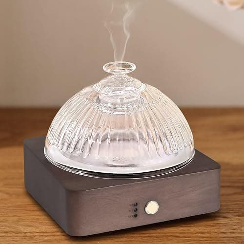 Lecdura Glass Essential Oil Diffuser with Glass Reservoir & WoodBase, 200ml Ultrasonic Lock Color Timer Auto-Off 7 Color Light Aroma Glass Dome Diffuser for Home Office Bedroom Yoga - Dark Brown - Image 1