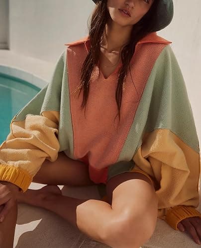 Yuemengxuan Women Fleece Sweatshirts Long Sleeve Colorblock Cropped Oversized Sweatshirt Y2k V-Neck Pullover Tops - Orange - Medium thumbnail 6