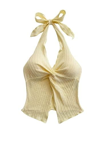 SHENHE Women's Twist Front Tie Halter Neck Split Hem Backless Summer Going Out Crop Top - Image 1