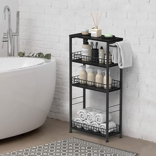Slim Storage Cart 4 Tier Rolling Kitchen Cart Utility Serving Cart Laundry Room Narrow Cart with Handle Mobile Sheving Unit Organizer Wood Rolling Storage Cart for Bathroom Small Spaces, Modern Black thumbnail 7