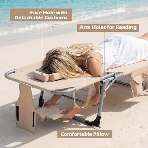 COSTWAY Tanning Chair with Face Hole, Folding Beach Lounge Chair with 4-Position Adjustable Backrest, Pillow & Side Pocket, Foldable Chaise Lounge Chair Outdoor for Sunbathing, Camping (1, Beige) thumbnail 7