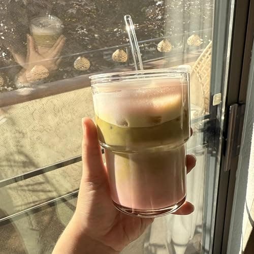 MINGHYZYA 13oz Glass Tumbler with Straw and Lid, Leak Proof Iced Coffee Cup, Thick Wall BPA Free Drinking Glass Water Cups for Iced Coffee, Matcha, Smoothie and Travel-(Clear-2pack) thumbnail 6