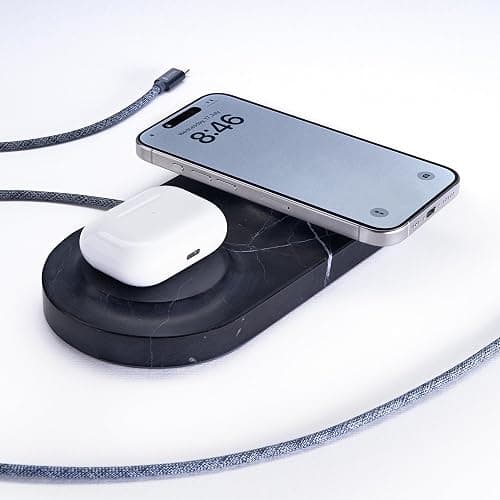 Einova Dual Classic Stone – Dual Wireless Charging Pad in Genuine Marble, Designed in Italy, Integrated 6 ft USB-C Cable, Smartphones, Wireless Earbuds, Smartwatches – Black Marquina Marble - Image 1