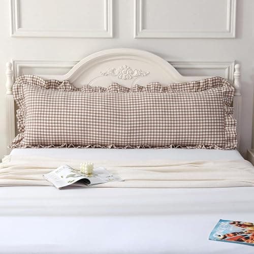 Silnuo Taupe/White Plaid Ruffled Body Pillow Cover Washed Cotton Farmhouse Checkered Gingham 1 Piece Pillowcase for Living Room 20"x54" thumbnail 2