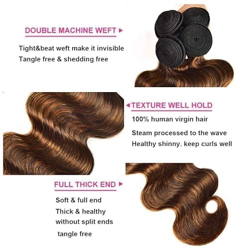 UNICE Brown Highlight Body Wave Human Hair Weave 3 Bundles 18 20 20 inches, Brazilian Remy Hair Ombre Blonde Human Hair Wavy Weaves Sew in FB30 Piano Color thumbnail 3